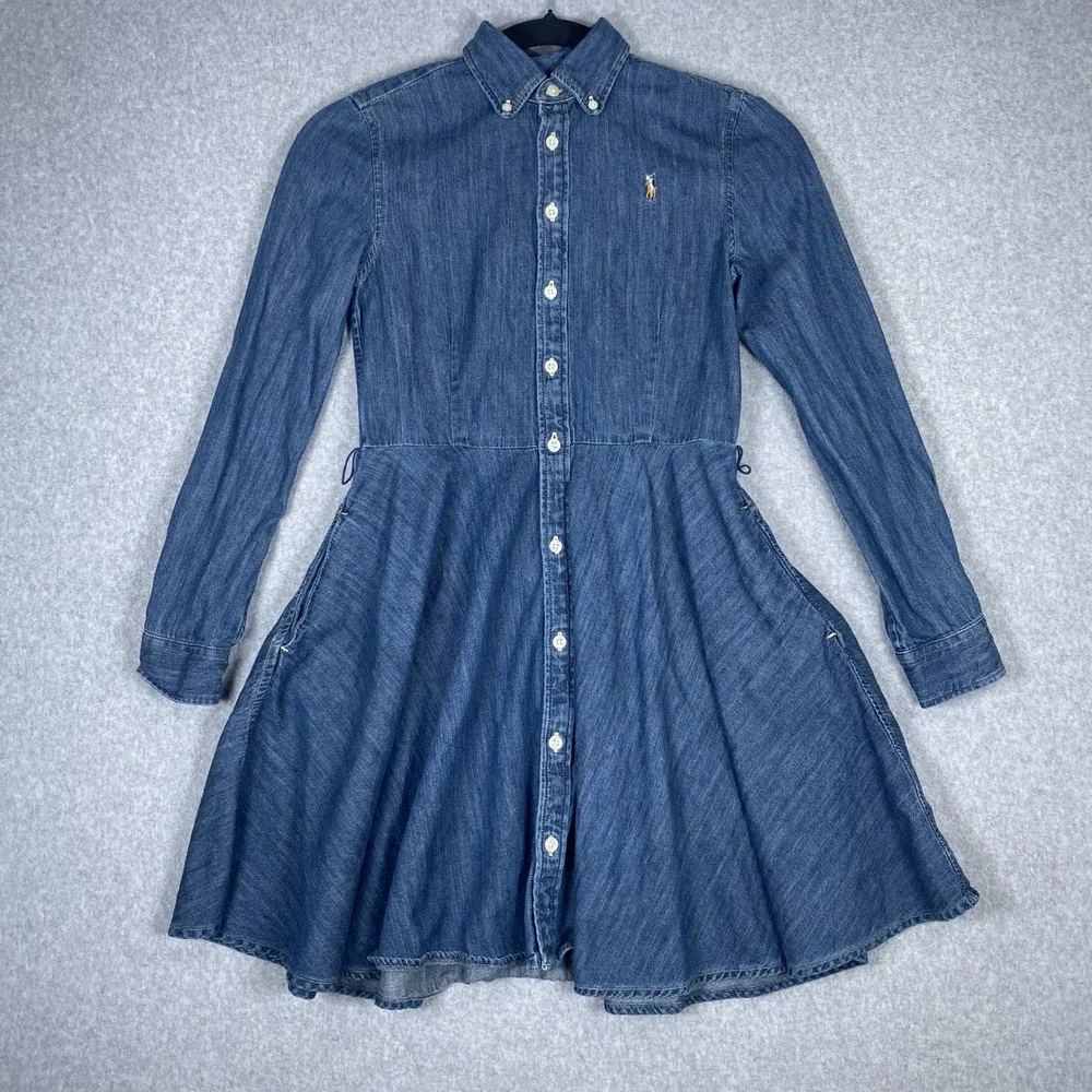 Ralph Lauren Denim Shirt Dress Girls 12 Blue Long Sleeve Fit & Flare Pony Logo